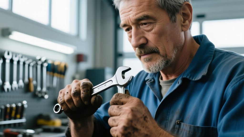 Close-up of a mechanic's grease-stained wrist wearing a rugged titanium smartwatch while tightening a bolt on a V8 engine block
