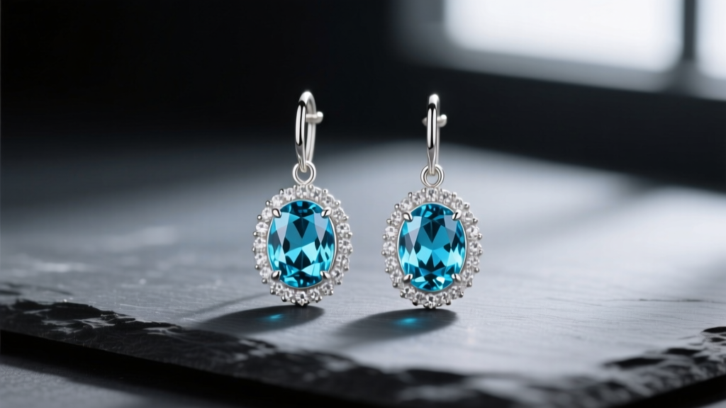London blue topaz drop earrings in 14k white gold with diamond halos resting on dark slate under soft directional lighting