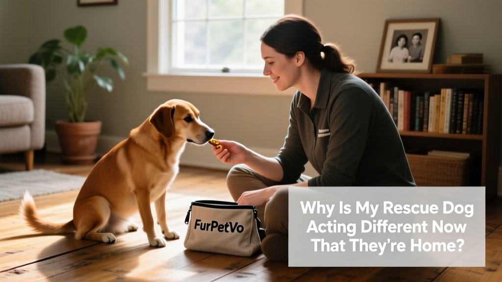 A trainer and adopter sitting side-by-side on the floor, calmly rewarding a relaxed rescue dog with a treat from FurPetVo training pouch