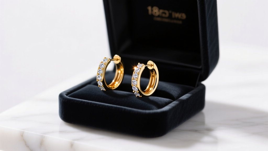 Open velvet box revealing 18k PVD gold huggie earrings with tiny CZ stones, bathed in soft warm lighting on a marble surface.