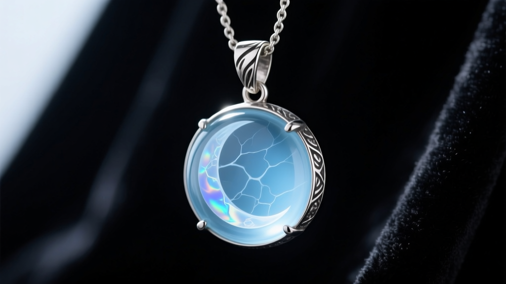 Macro shot of a clair d lune glass pendant in oxidized sterling silver, showing its pale blue glow on dark velvet.