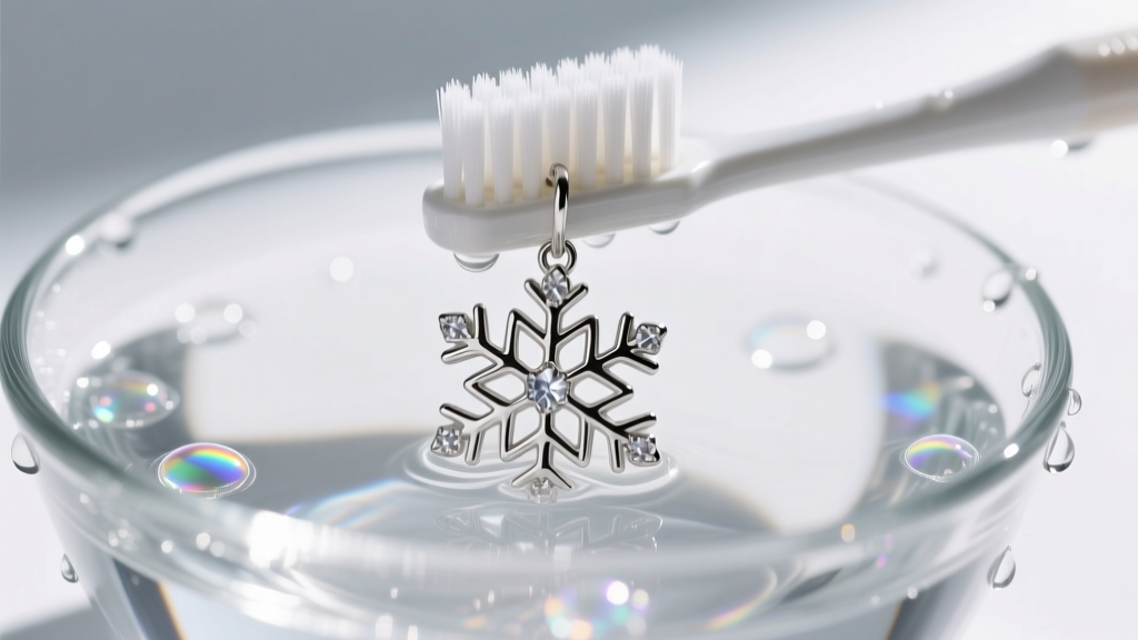 Soft toothbrush gently scrubbing the crevices of a snowflake earring submerged in a glass bowl of mild soapy distilled water.