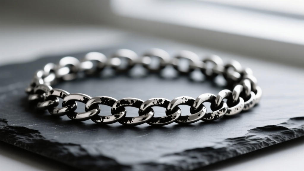 Tarnished sterling silver chain necklace on dark slate, showing black oxidation trapped inside the intricate metal links