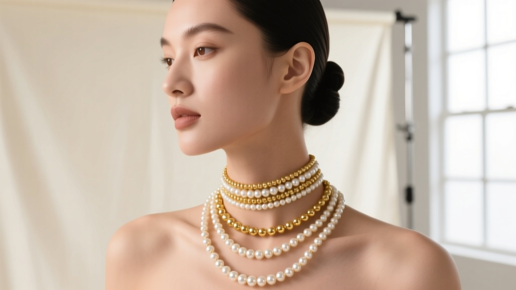 Model wearing layered pearl and gold bead necklaces, featuring a 16-inch choker and an 18-inch princess length strand.
