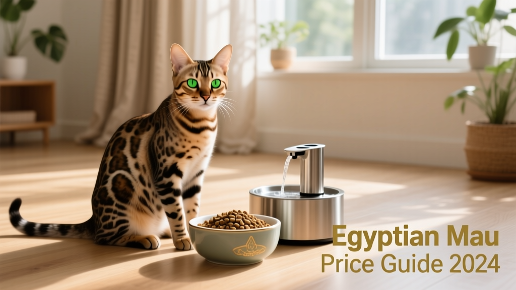 Egyptian Mau sitting beside a bowl of premium dry cat food and a water fountain