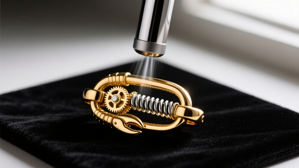 Neodymium magnet pulling on the internal steel spring of a 10k gold lobster clasp resting on a dark velvet jewelry testing mat.