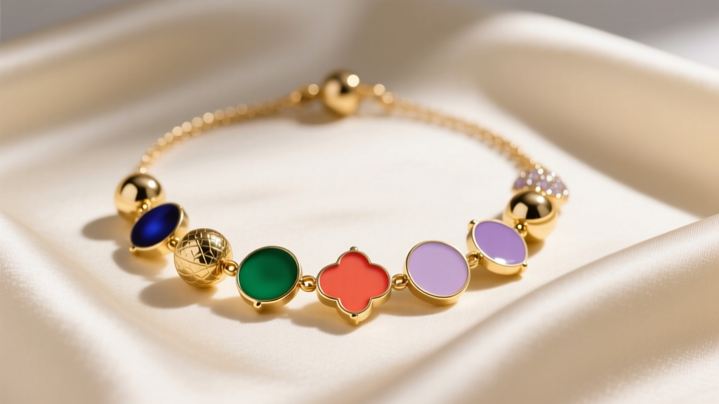 Flat lay of a gold-plated brass BaubleBar charm necklace with colorful enamel charms on cream silk fabric under soft daylight.