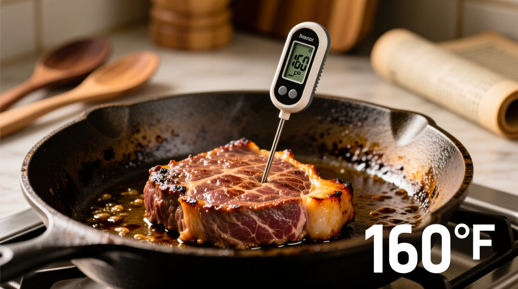 Ground beef cooking in cast iron skillet with thermometer