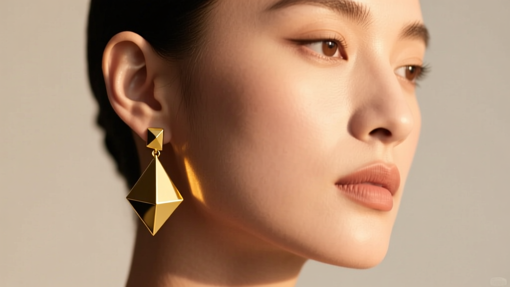 Portrait of a person wearing a single 14k yellow gold geometric drop earring on the left ear under soft, warm studio lighting.