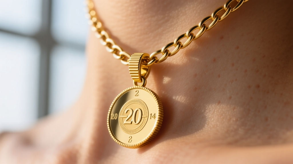 Macro shot of a 2.0mm 14k yellow gold Figaro chain connecting to a ribbed bail on a 20mm gold coin pendant against bare skin