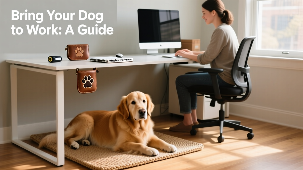 A dog lying calmly on a designated mat under a desk while its owner works nearby, with training tools like a treat pouch and clicker visible on the desk