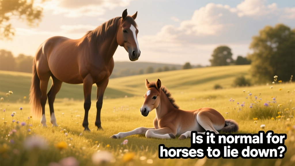 Two horses resting peacefully in a sunlit pasture—one standing, one lying on its side