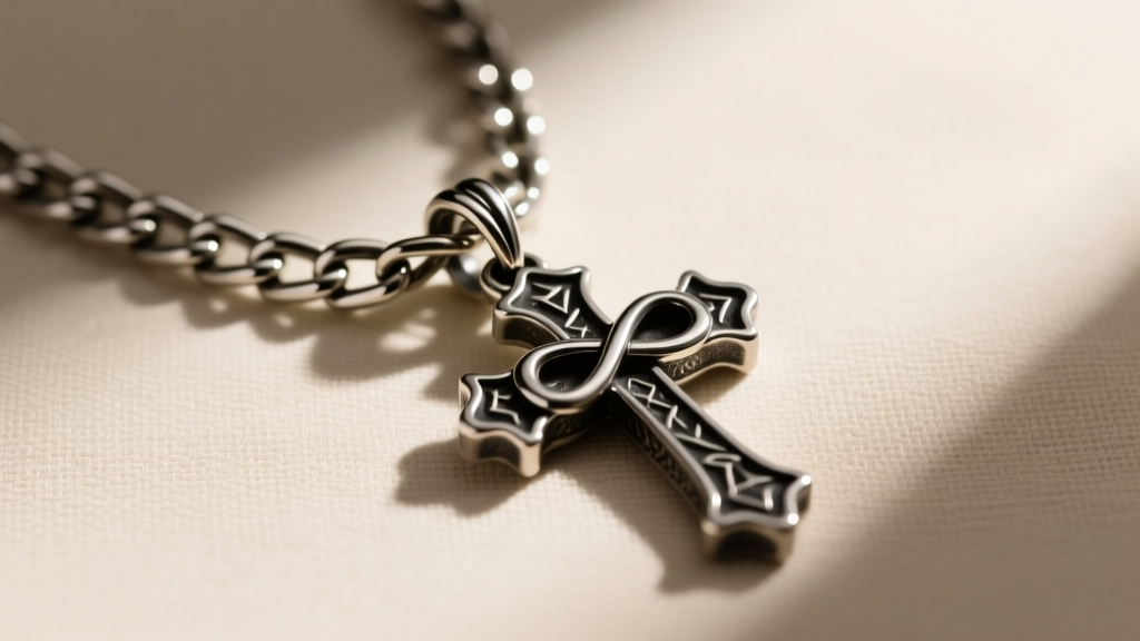 A 5mm steel Cuban link chain threading through the oversized hidden bail of a dark oxidized silver Infinity cross pendant.