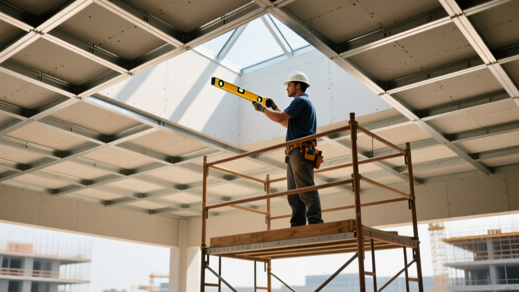 Contractor on scaffolding using a laser level to check deflection on a suspended gypsum ceiling with exposed metal furring channels