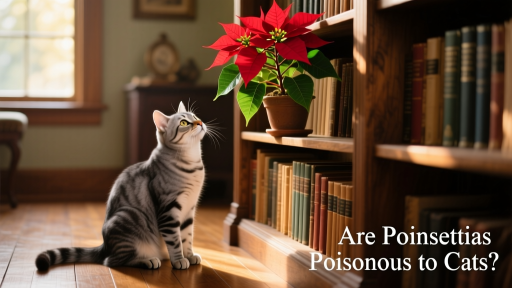 A calm indoor cat sitting near, but not touching, a poinsettia plant on a high shelf
