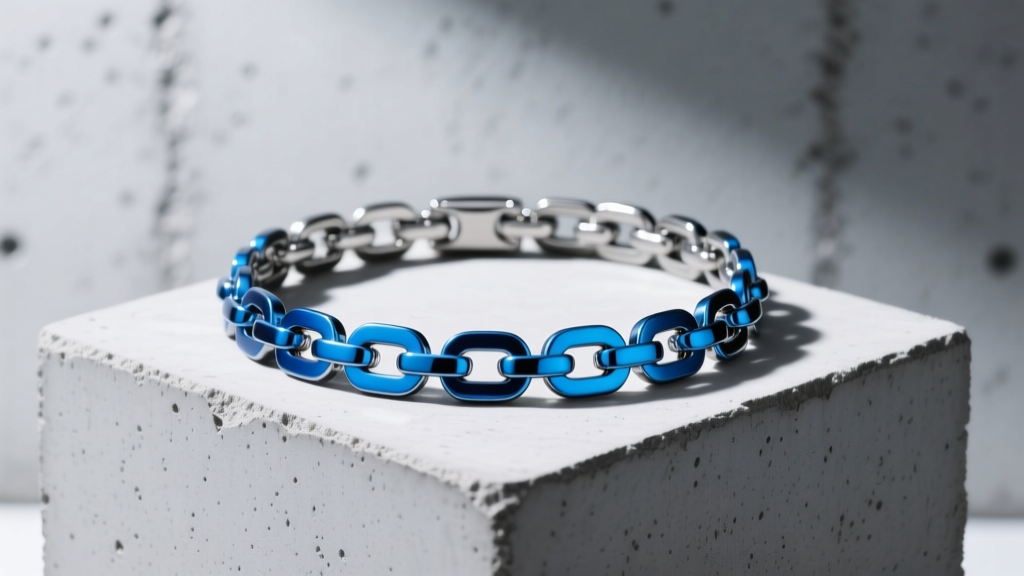 Modern Grade 5 titanium collier necklace with anodized blue links, displayed on a concrete stand under bright studio lighting