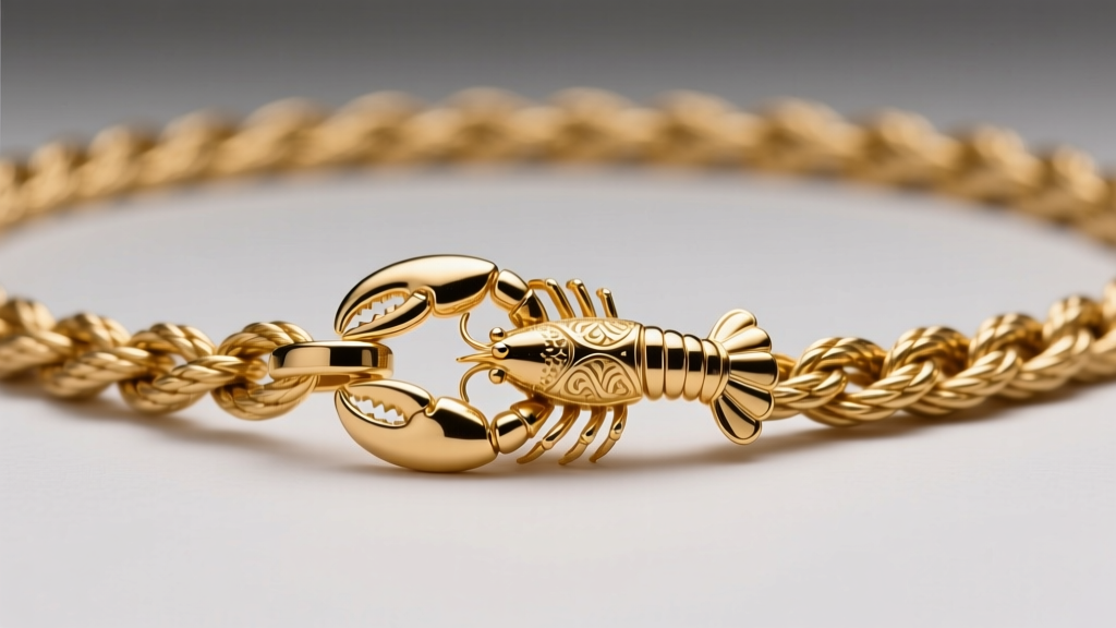 Macro shot of a 14k gold lobster clasp securely fastened on a 15-inch solid rope chain choker under bright studio light.
