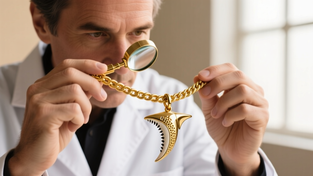 Jeweler inspecting a gold vermeil rope chain and drilled shark tooth bail with a loupe to showcase high-end necklace hardware