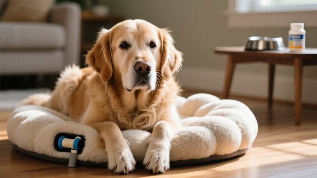 Close-up of a senior dog gently resting its front paws on a soft orthopedic bed, looking relaxed and comfortable