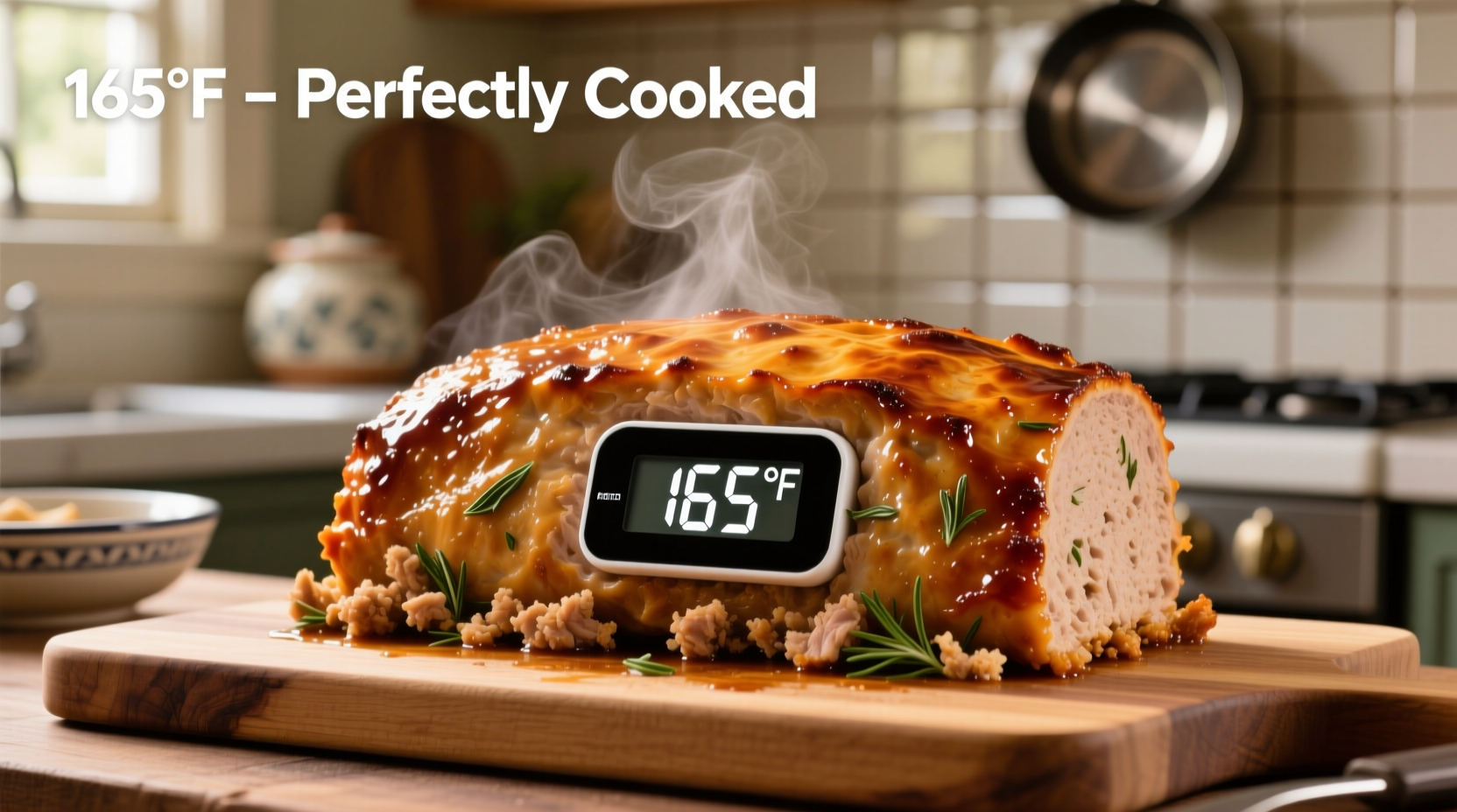 Turkey meatloaf with thermometer showing 165 degrees