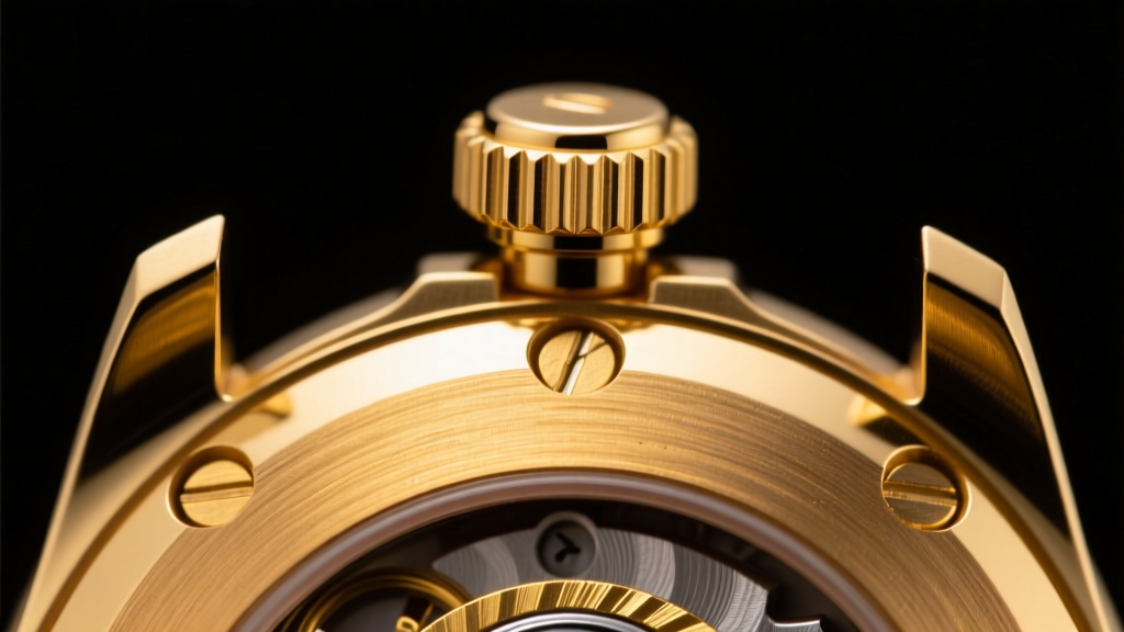 Macro photo showing the layered structure of gold-capped watch cases versus solid 18k gold, illuminated by bright studio lights