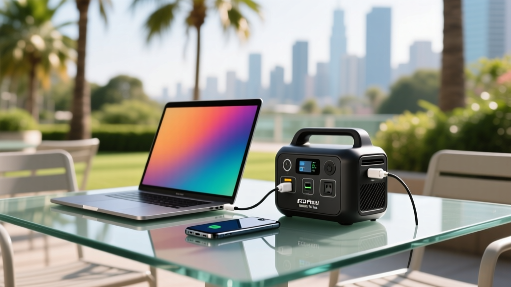 Close-up of EcoFlow River 3 Plus portable power station plugged into a laptop and a smartphone on an outdoor glass cafe table