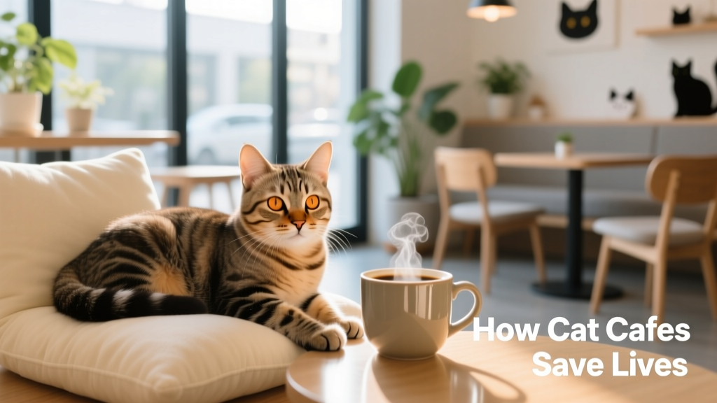 A relaxed cat lounging on a soft cushion beside a steaming mug of coffee in a bright, modern cat cafe