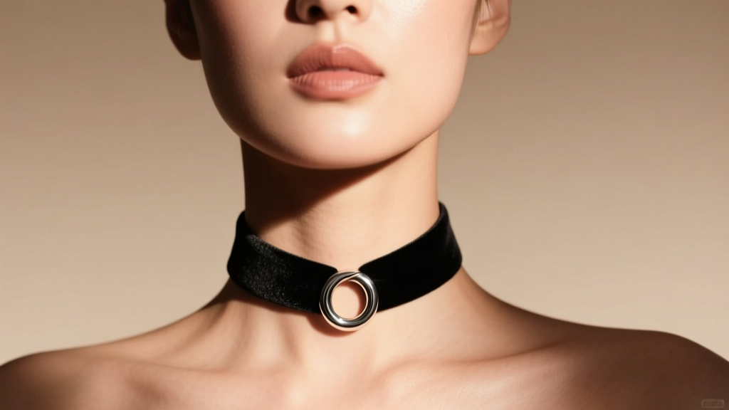 Close-up of a model wearing a snug black velvet choker necklace with a silver O-ring pendant under warm studio lighting