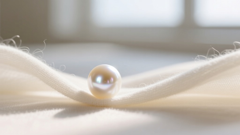 Macro shot of a soft microfiber cloth gently wiping a strand of creamy white Akoya pearls after a mild, non-toxic cleaning.
