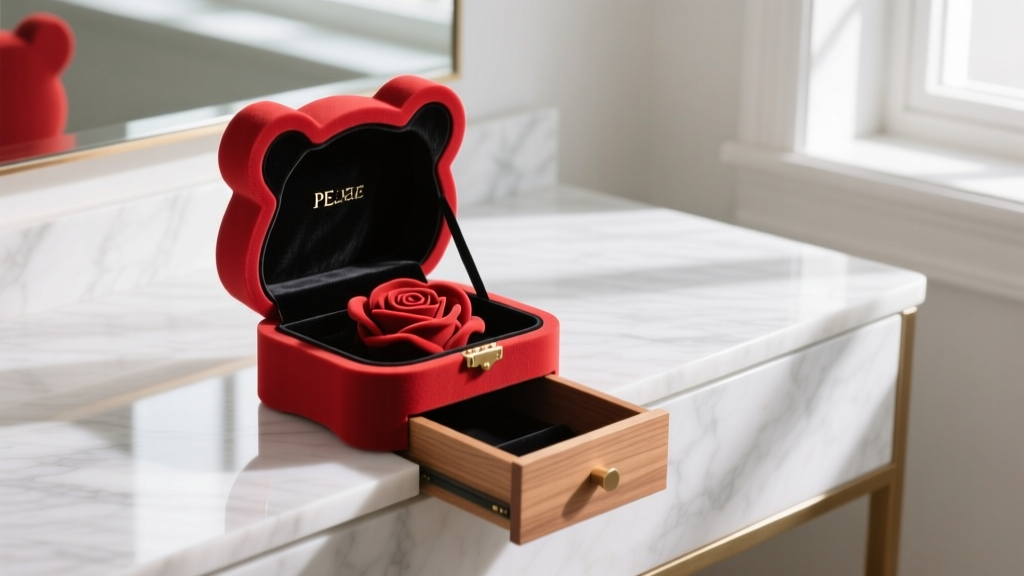 Red PE foam rose bear jewelry box on a marble vanity, with an open MDF wood drawer revealing a dark velvet interior lining