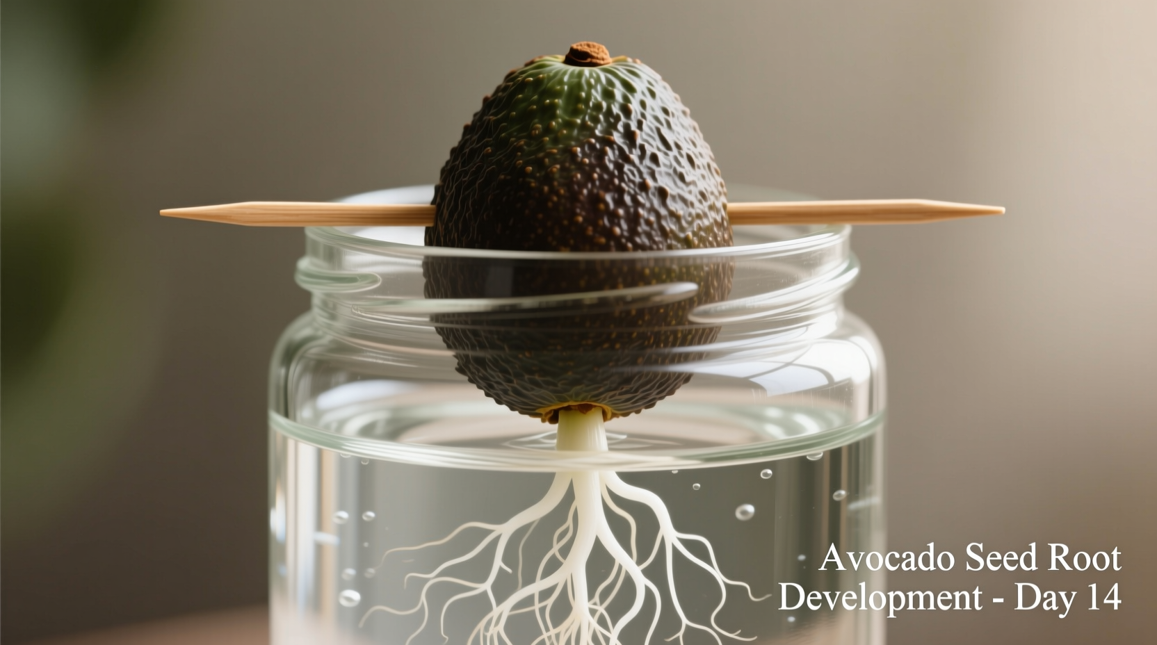 Avocado seed suspended in water with toothpicks showing root development