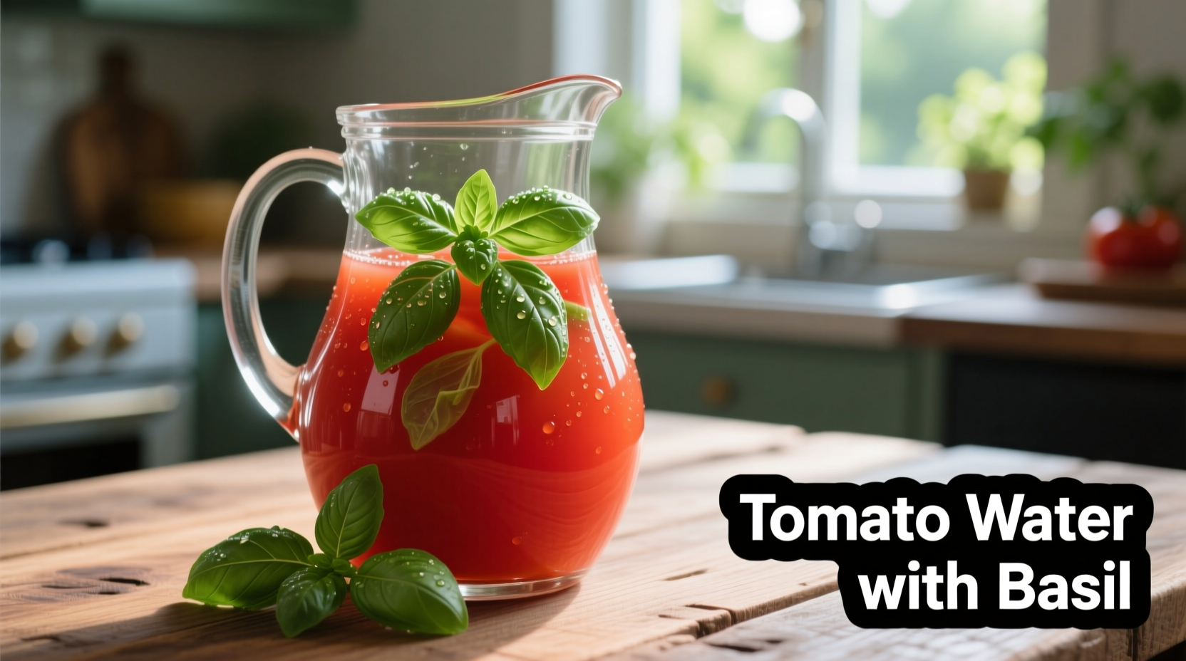 Tomato water in glass pitcher with fresh basil