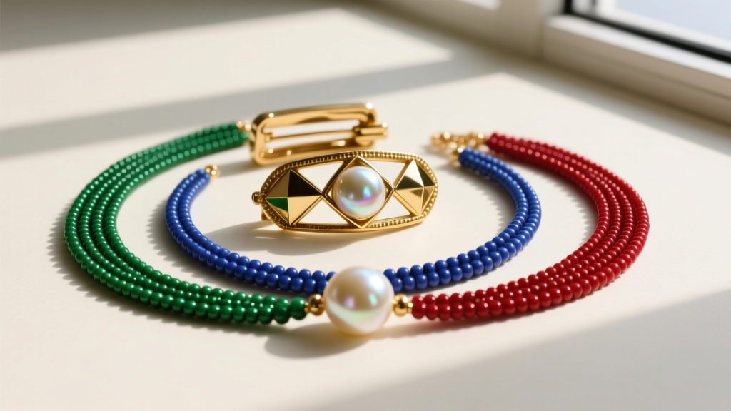 Flat lay of hand-embroidered beaded jewelry components, showing gold-plated brass clasps, seed beads, and raw freshwater pearls.