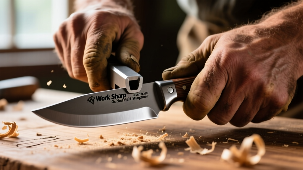 Close-up of hands using a Work Sharp Guided Field Sharpener on a carbon steel camp knife blade with wood shavings in the background