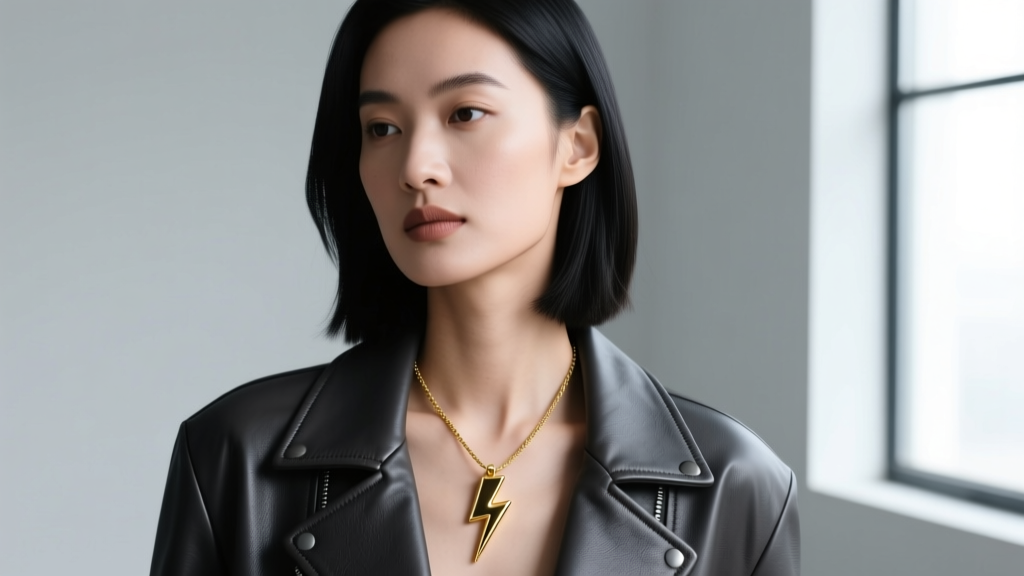 Woman wearing an 18k gold vermeil lightning bolt pendant on a 16-inch cable chain, resting against a dark leather jacket collar.