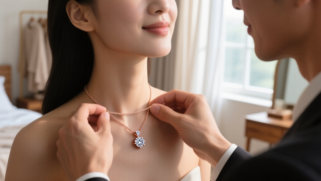 Close-up of a husband fastening a 14k rose gold diamond pendant necklace around his wife's neck for their tenth anniversary gift