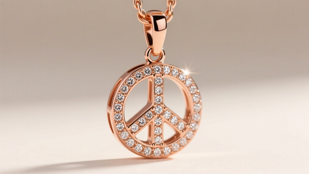 Macro shot of rose gold vermeil peace symbol pendant with micro-pave diamonds, highlighting metal texture and bail clasp detail