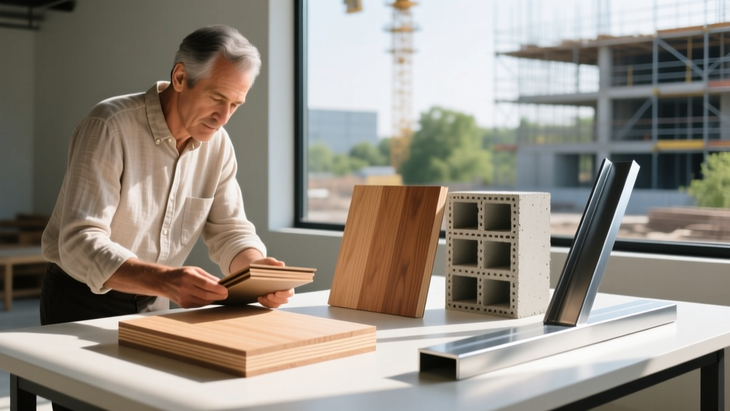 Architect reviewing material samples including cross-laminated timber, insulated concrete forms, and structural steel on a sunlit site table