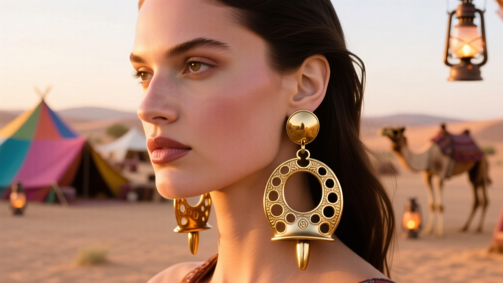 Close-up of a model wearing oversized, hollow-cast brass cowbell drop earrings, warm sunset lighting, western-chic festival fashion.