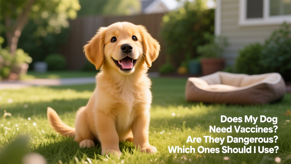 A healthy, smiling golden retriever puppy sitting on grass, looking alert and energetic