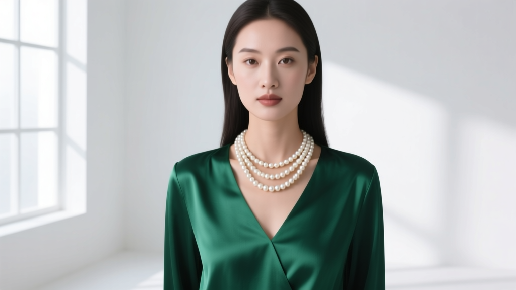 Woman wearing a triple strand pearl necklace with a V-neck emerald silk blouse, showing a balanced and elegant neckline pairing.