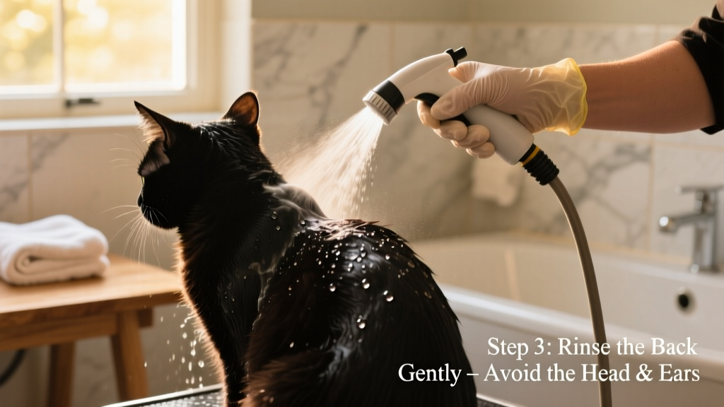 Close-up of a cat’s back being gently rinsed with a soft spray, avoiding head and ears