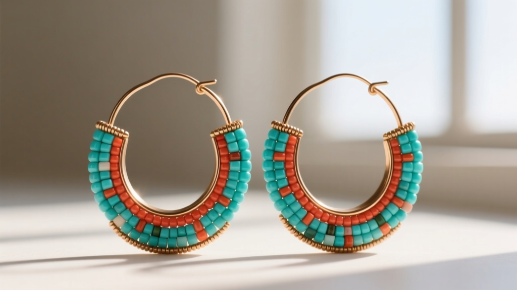 Close-up of handmade native beaded hoop earrings featuring vibrant turquoise and coral seed beads wrapped around a brass hoop base