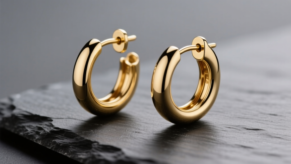 18k gold open hoop earrings on dark slate, showcasing a seamless tension clasp and high-polish finish in soft studio lighting