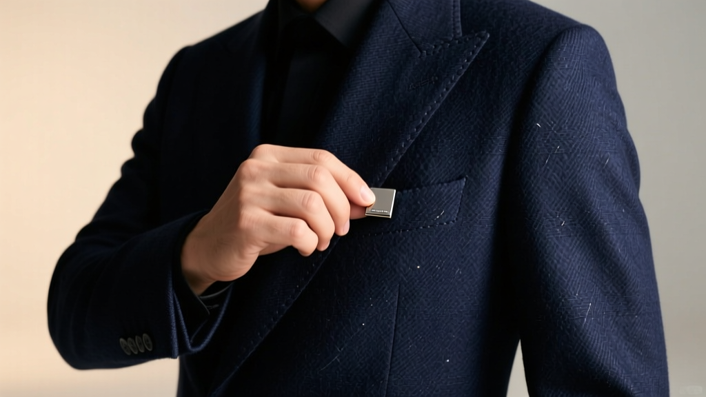 A stylish man in a tailored navy suit adjusting a matte titanium cufflink, warm studio lighting highlighting the metal texture.