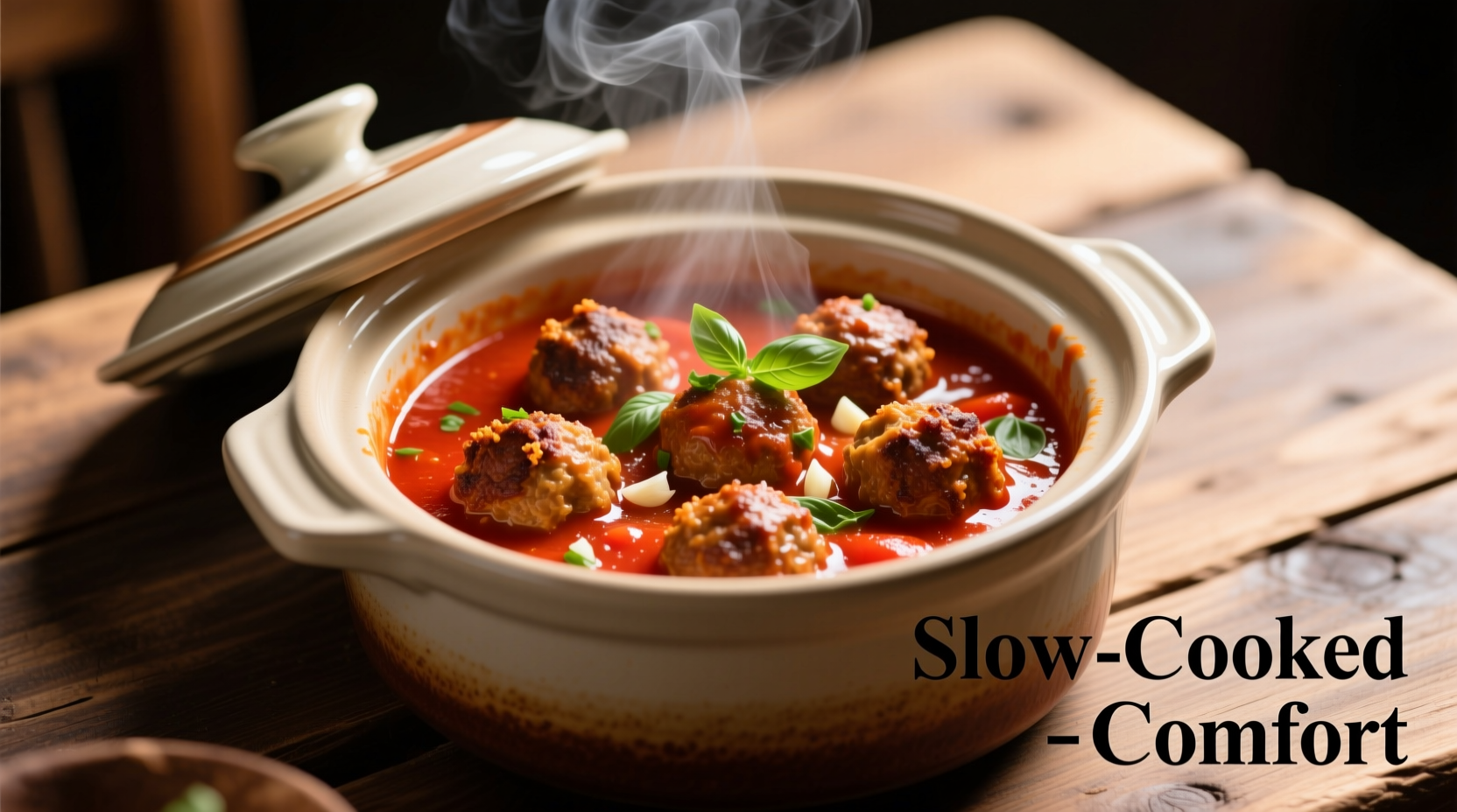 Slow cooker filled with simmering meatballs in tomato sauce