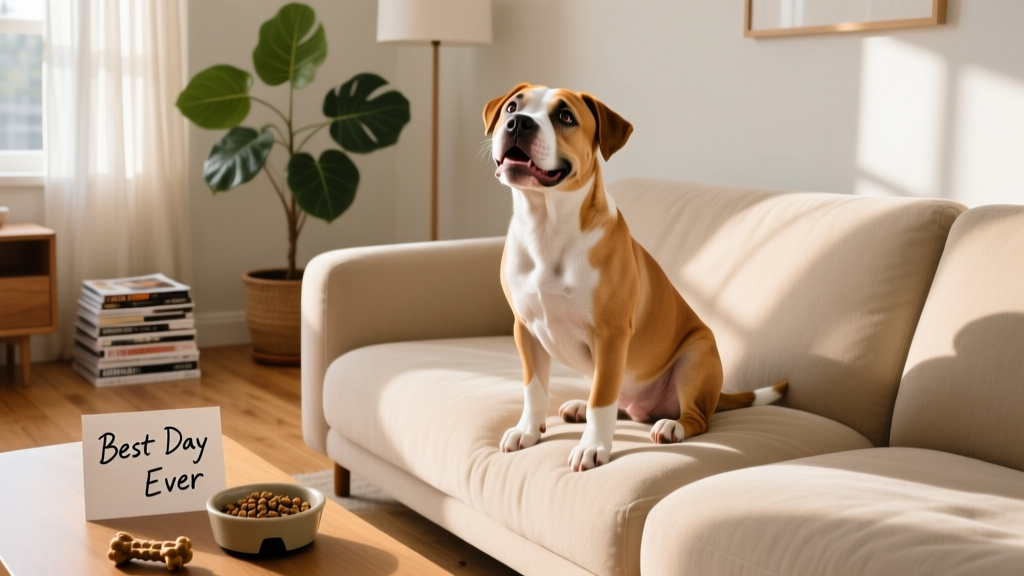 A joyful, tan-and-white Pit Bull puppy sitting on a cozy living room couch, looking up with bright, hopeful eyes
