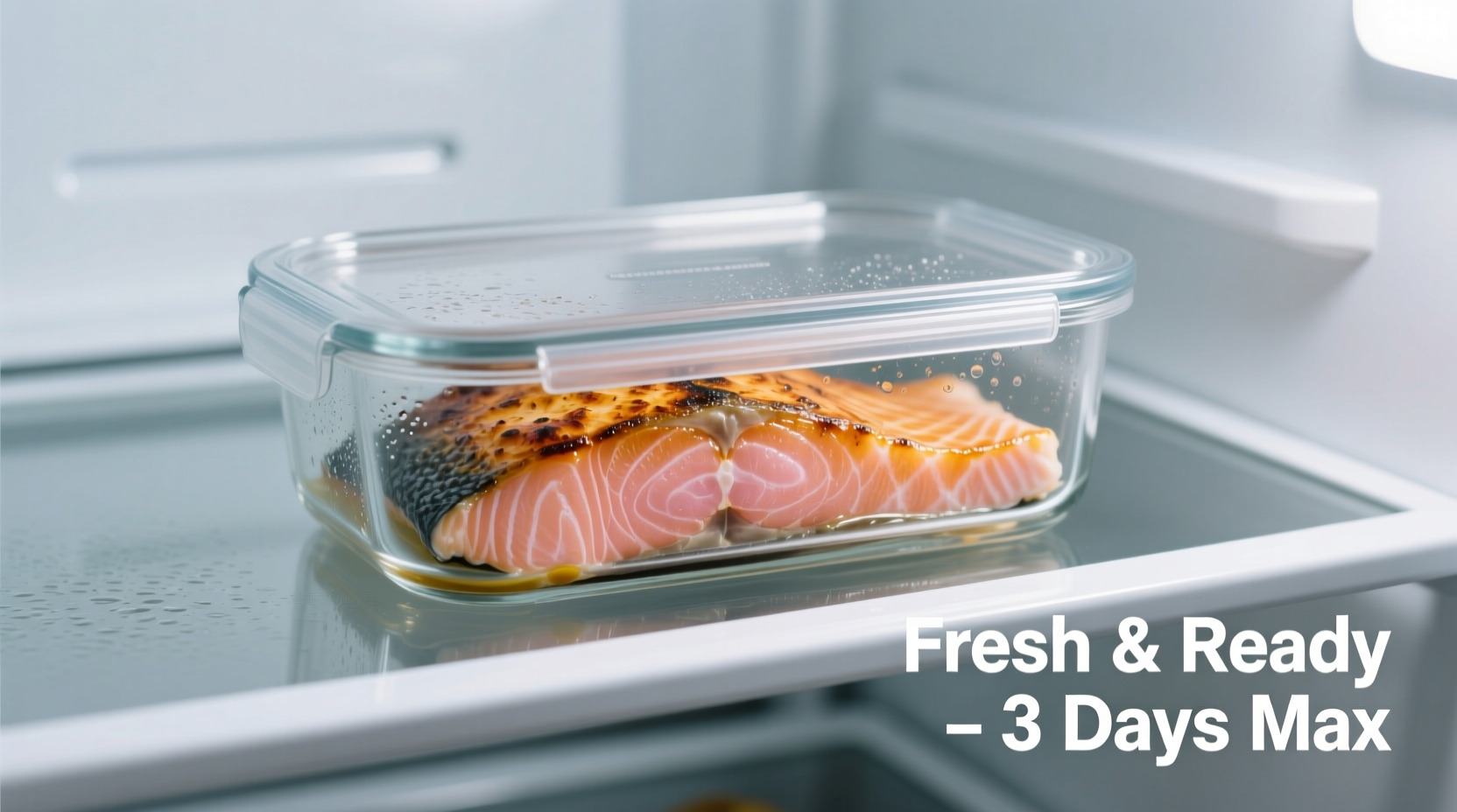 Cooked salmon in glass container with proper refrigerator storage
