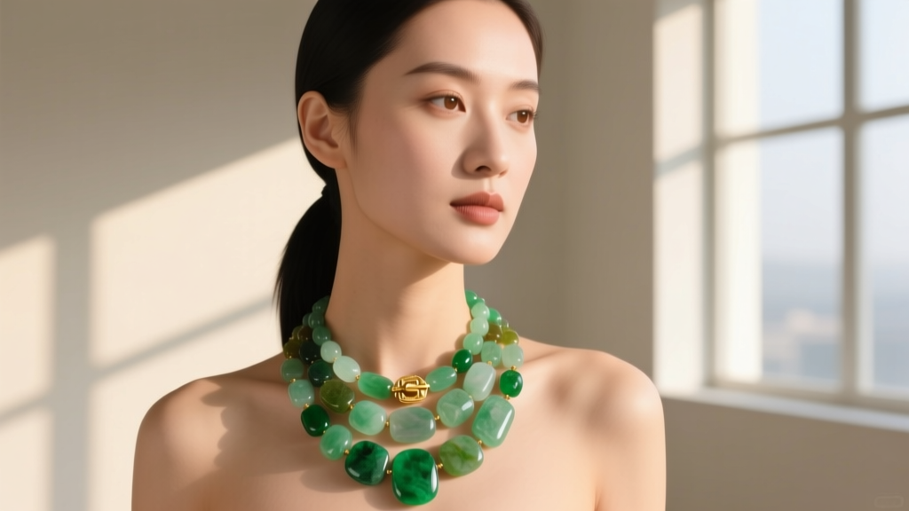 Woman wearing a layered multi colored jade necklace with a gold clasp, highlighting the stones waxy luster and natural color zoning.