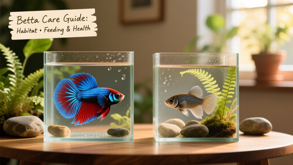 Side-by-side comparison showing a healthy betta with vibrant colors and open fins versus a stressed betta with clamped fins and dull coloring